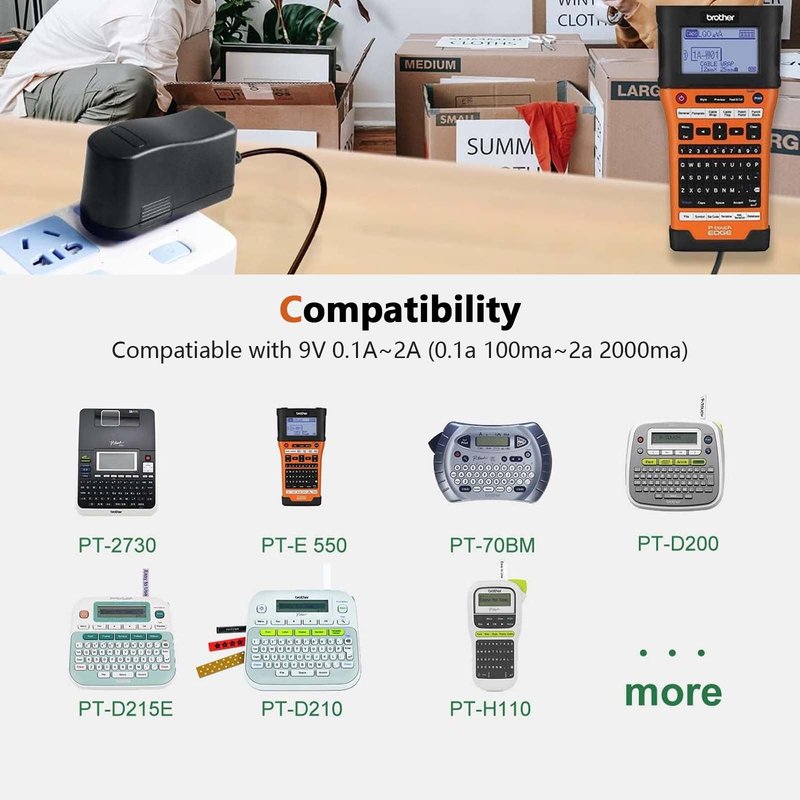 RCBCH 9V 2A AC Power Adapter for Brother P-Touch Label Printers - Compatible with PT-D210, PTD220, PT-D200VP, PTH110 - Power Cord Included - Replacement for Brother AD-24, AD-24ES, AD-20, AD-30
