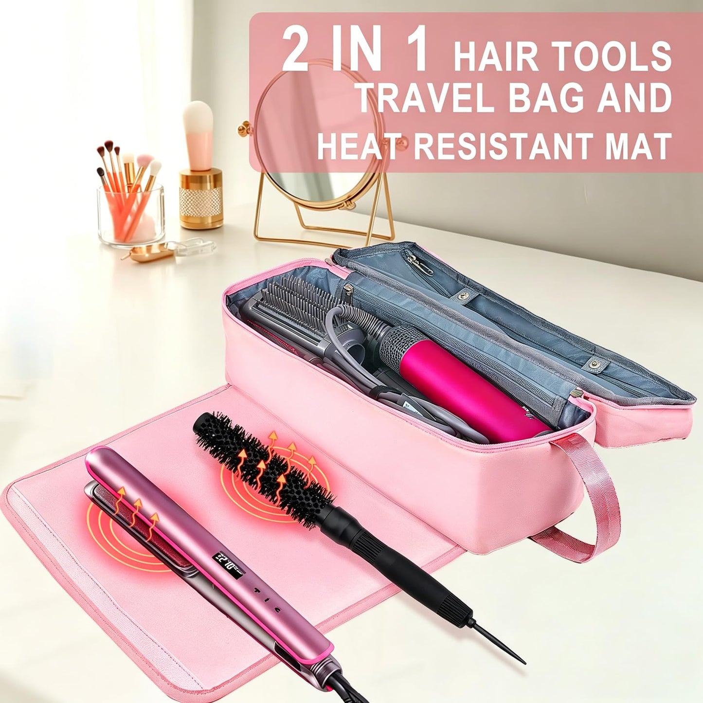 FAMOPLAY Hair Tools Travel Bag with Heat Resistant Pad, Double-Layer Travel Carrying Case for Straightener, Curling Iron, Hair Dryer, Portable Organizer