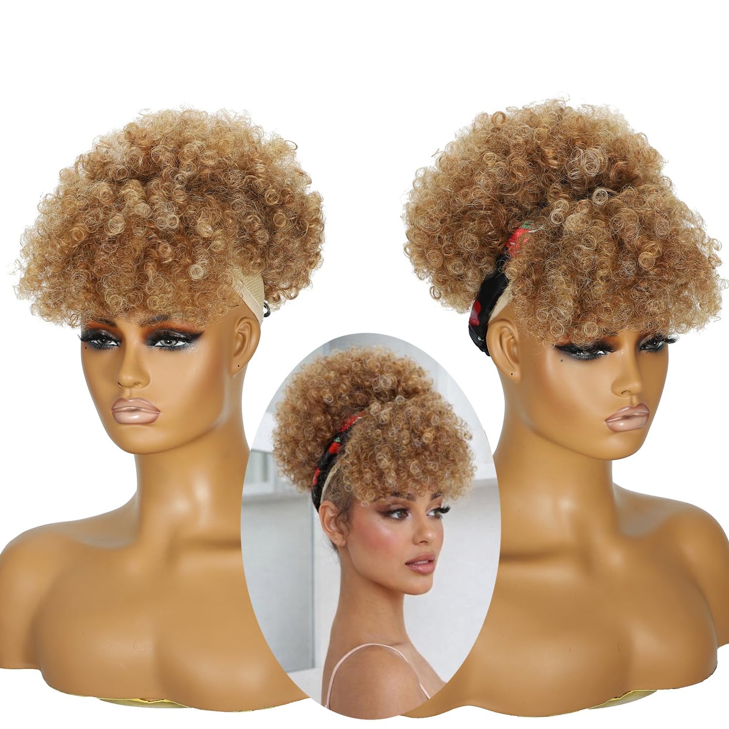 Afro Puff Drawstring Ponytail with Bangs,Short Caramel Brown Mix Blonde Kinky Curly Synthetic Pony Tails Extensions Drawstring Ponytail for Black Women Hair Bun Fluffy Updo for Daily Party Use 4/630