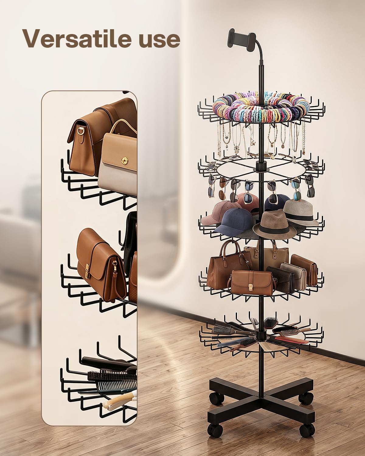 FOOGWEE Braiding Hair Rack Divider Stand with 140 Pegs,Adjustable Rotation Wheels & Phone Holder - Accessories (Combs, Clips) for Braiders,Salon or Home Use (Black)