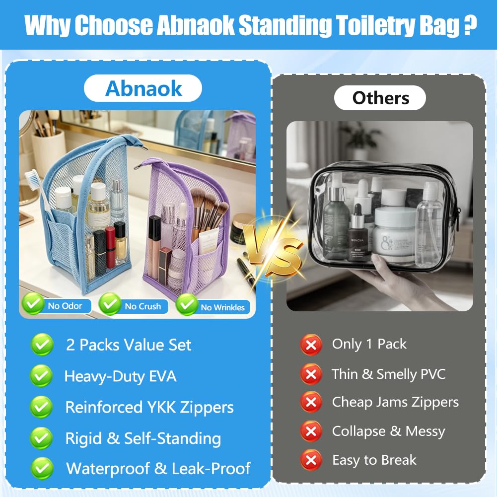 2PCS Standing Toiletry Bag, Lightweight EVA Mesh Large Capacity Waterproof Stand up Makeup Bag, Foldable Clear Hanging, Standing Travel Toiletry Pouch for Bathroom, Gym, Business Trip,Family Travel