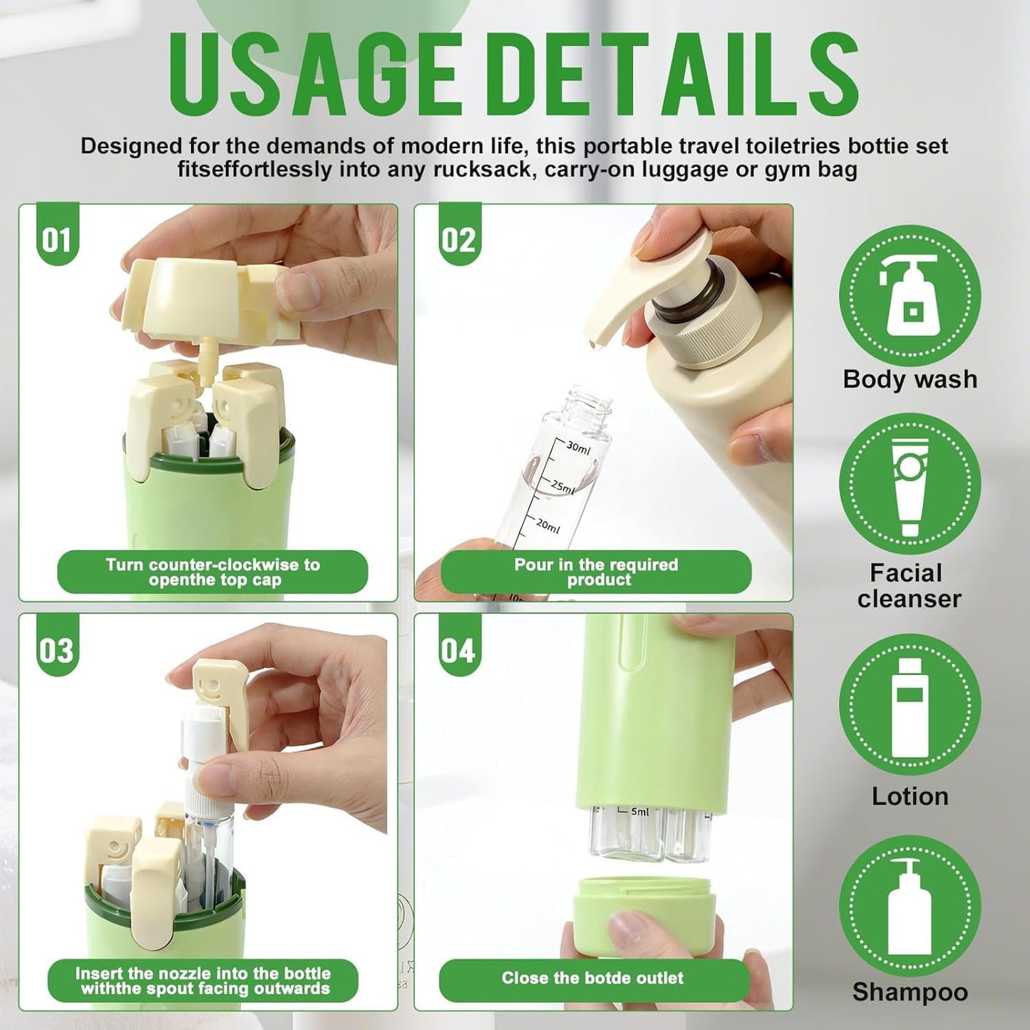 NFOVSMO 4 in 1 Travel Dispenser,4 Pack 30ML Travel Bottles for Toiletries,Refillable, Leak Proof and Portable,Suitable for Storing Shampoo, Shower Gel, Suitable for Travel, Camping (Green)