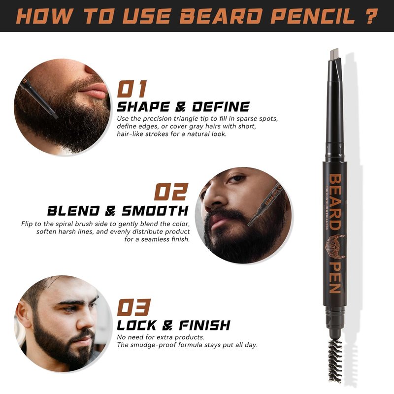 KGAJSGH 2pc Dual-Ended Beard Pencils: Spiral Brush & Wax for Precise Styling, Shaping - Natural Look for Beard, Mustache & Brows