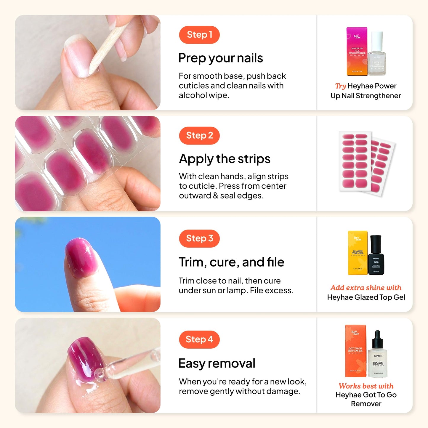 Heyhae Semi Cured Gel Nail Strips | No LED Lamp Needed | Pink, Glitter| Easy Apply & Remove, Salon Quality | Includes 28 Strips, 1 Prep Pads, Nail File & Wooden stick - Hey, Glow On Babe
