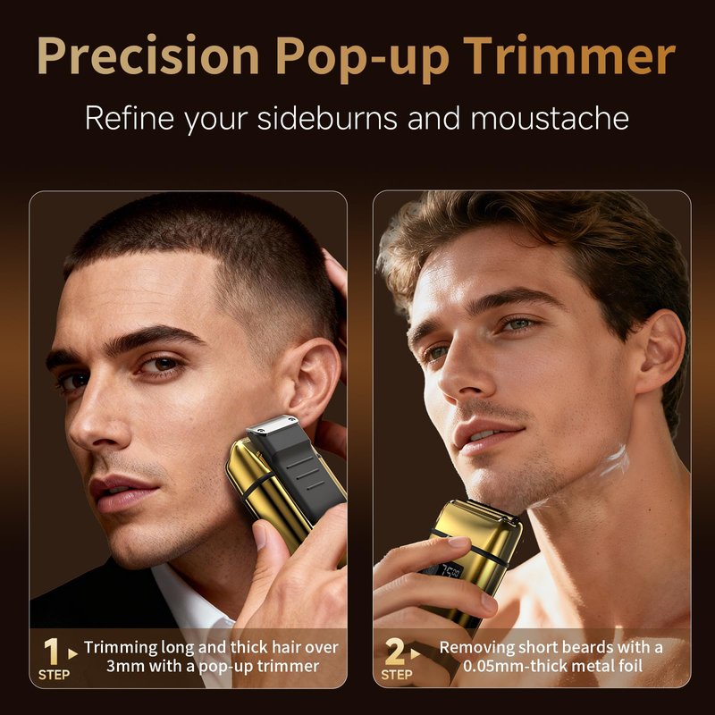 KOMINGDON Electric Foil Shaver for Men,Electric Razor with Pop-up Trimmer,Cordless Beard Trimmer,Waterproof,Wet & Dry Shaving,LED Display,2-Speed Mode (Gold)