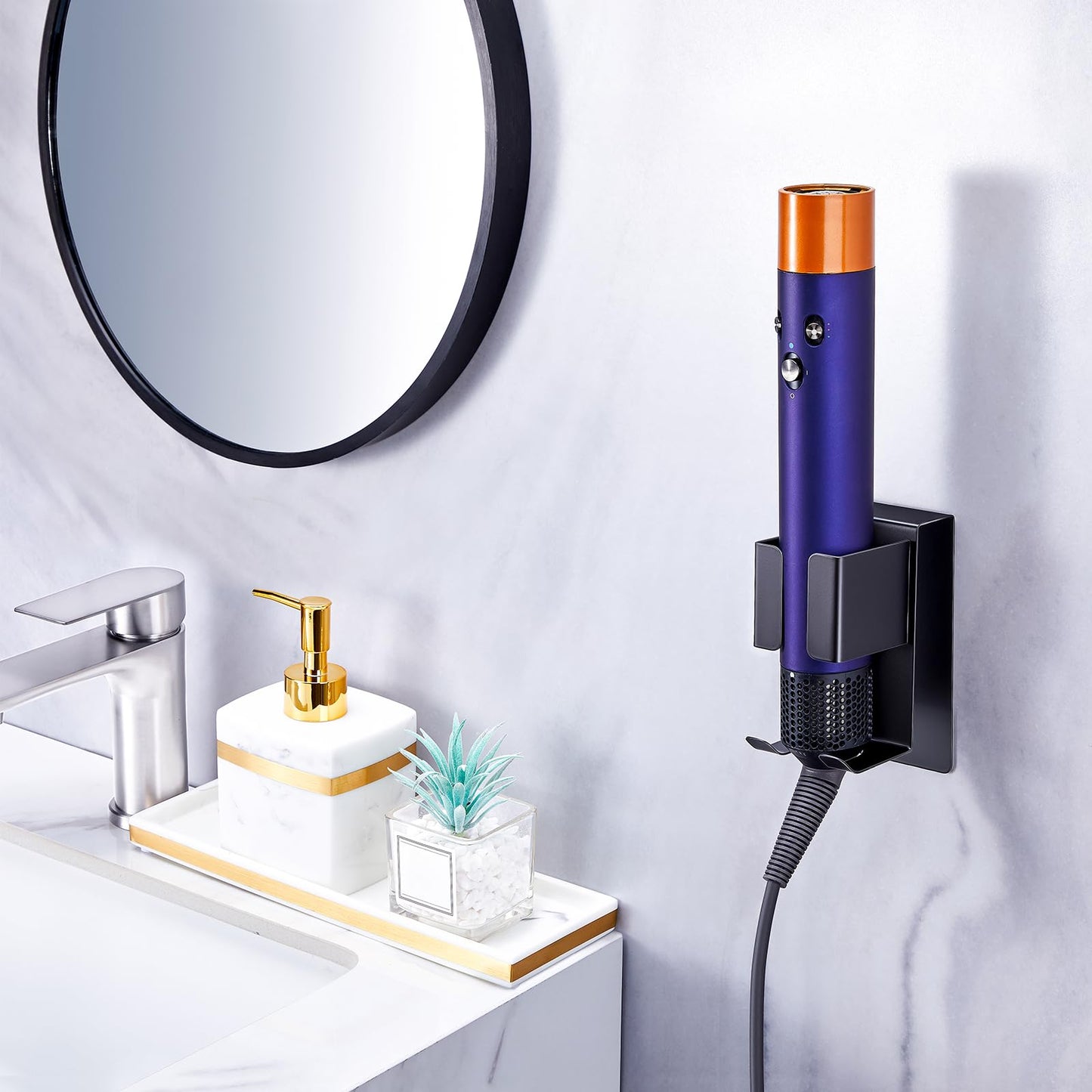 WAYASI Hair Straightener Holder Wall Mounted Blow Dryer Holder, Blow Dryer and Curling Iron Holder, Hair Dryer and Straightener Holder, Bathroom Hair Tools Organizer and Storage (Black, 1Pc)