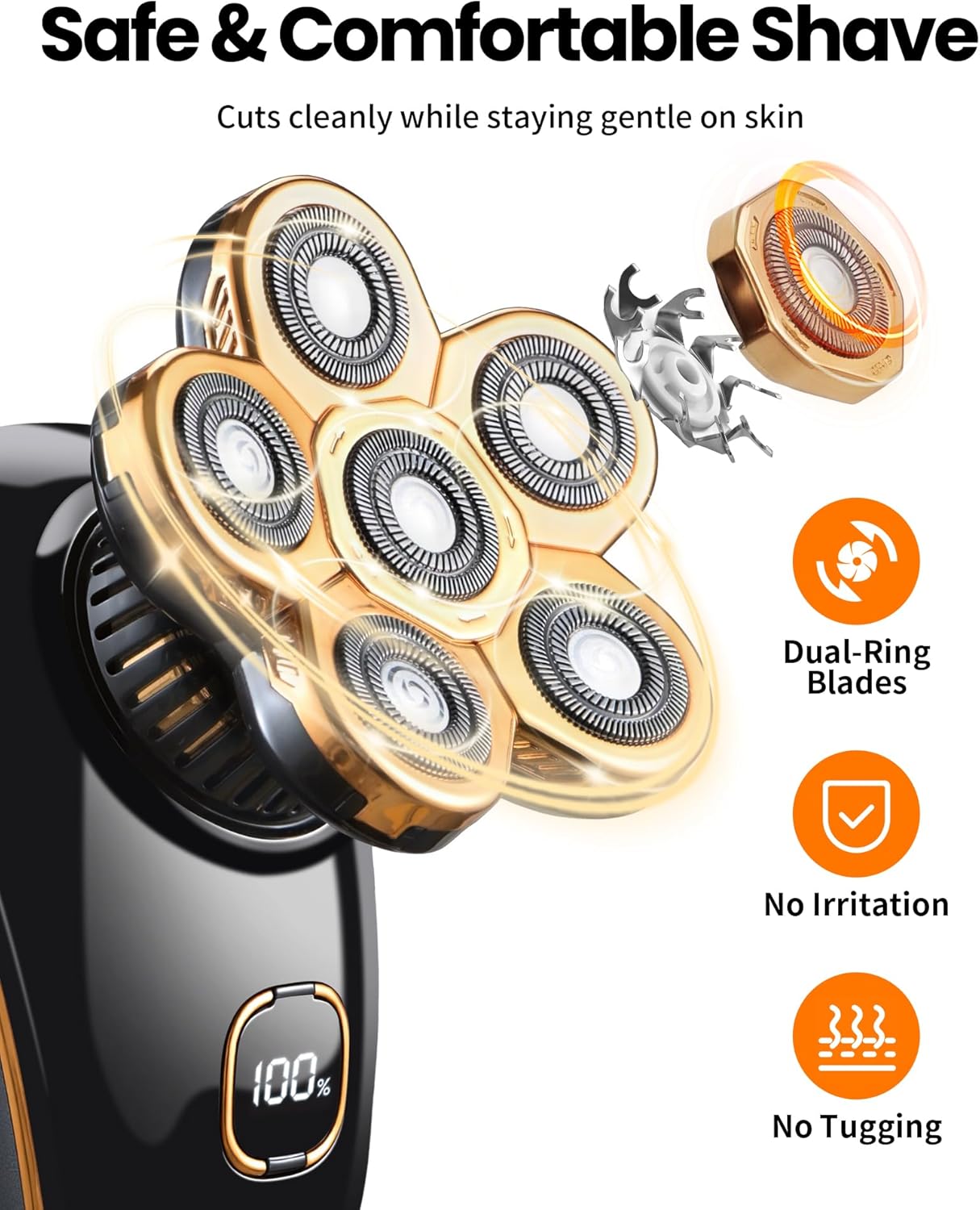 Electric Razor for Bald Men - PRITECH Type-C Charge Shaver with 6 Rotary Blades, Waterproof Grooming Kit | Turbo Speed, LED Display, Black