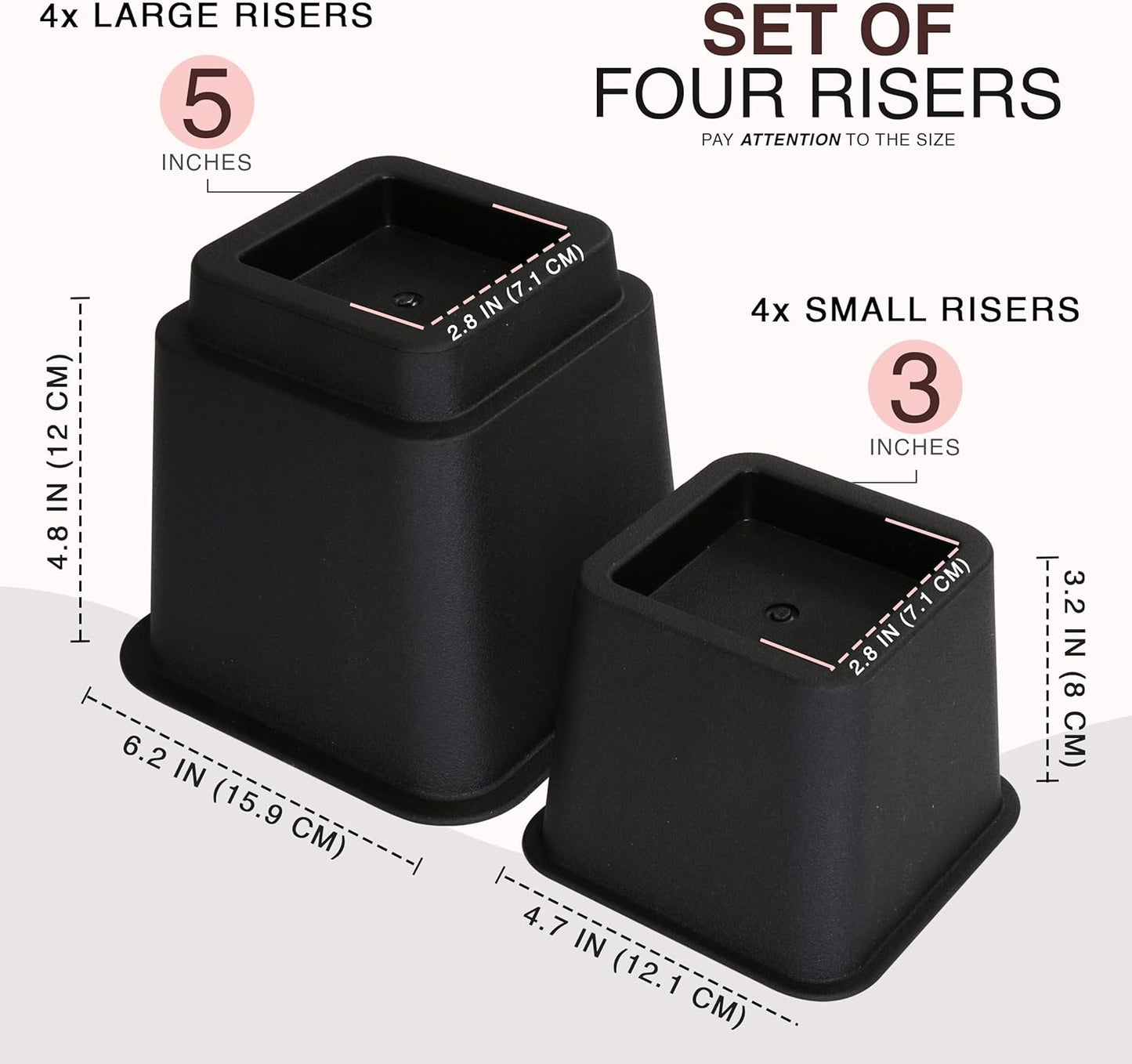 Utopia Bedding Bed Risers - Adjustable 3 & 5 Inch Furniture Lift for Under Bed Storage | Supports Up to 1,300 lbs (4 Set, Black)