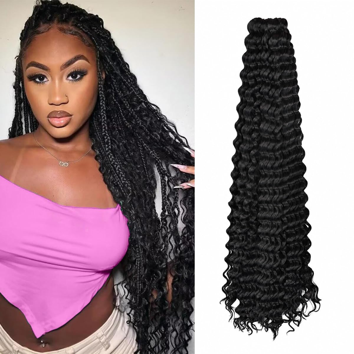 Ocean Wave Crochet Hair Extensions - Deep Wave Synthetic Braiding Hair for Women | 24 Inch, #1B (Pack of 2)
