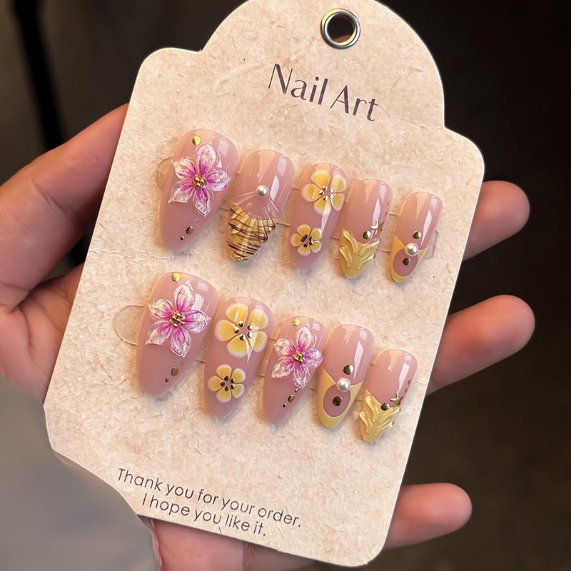 Summer Flower Press-On Nails - Medium Almond Fake Nails with 3D Designs | Pink & Yellow Acrylic Full Cover Set for DIY Nail Art