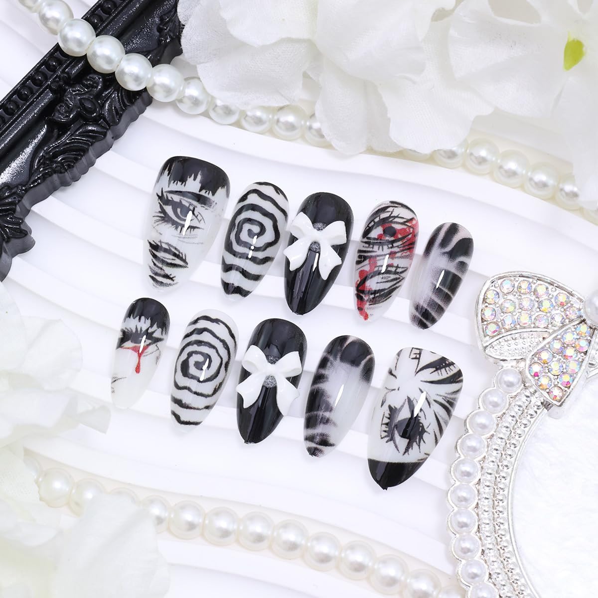 Gothic Press-On Nails - 30Pcs Medium Almond Fake Nails with Cute Bow Design | Black & White Horror Goth Styles