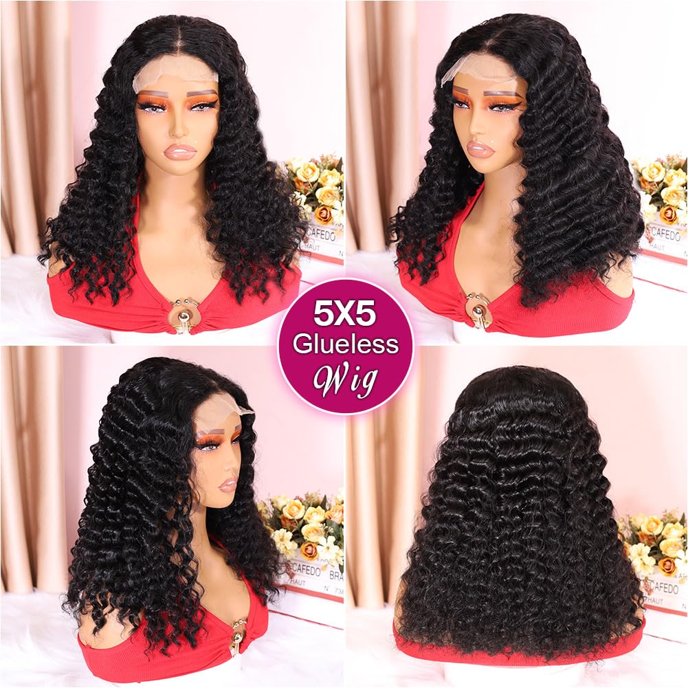 Ailwelia Curly Bob Wig Human Hair Deep Wave 200% Density 5x5 HD Lace Closure Wigs Human Hair Bob Wigs For Black Women Wear And Go Glueless Curly Wig Black Color 18 Inch