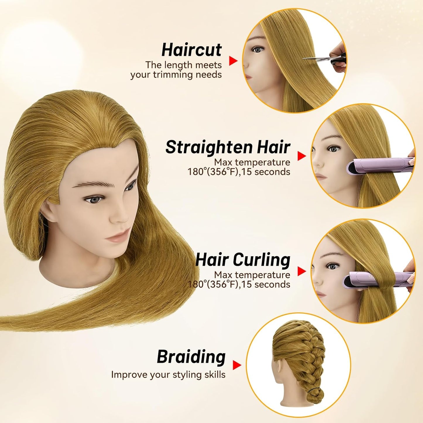 Realistic 24-Inch Female Mannequin Head - 90% Human Hair for Hairdresser Training | Includes Clamp Holder & Tools