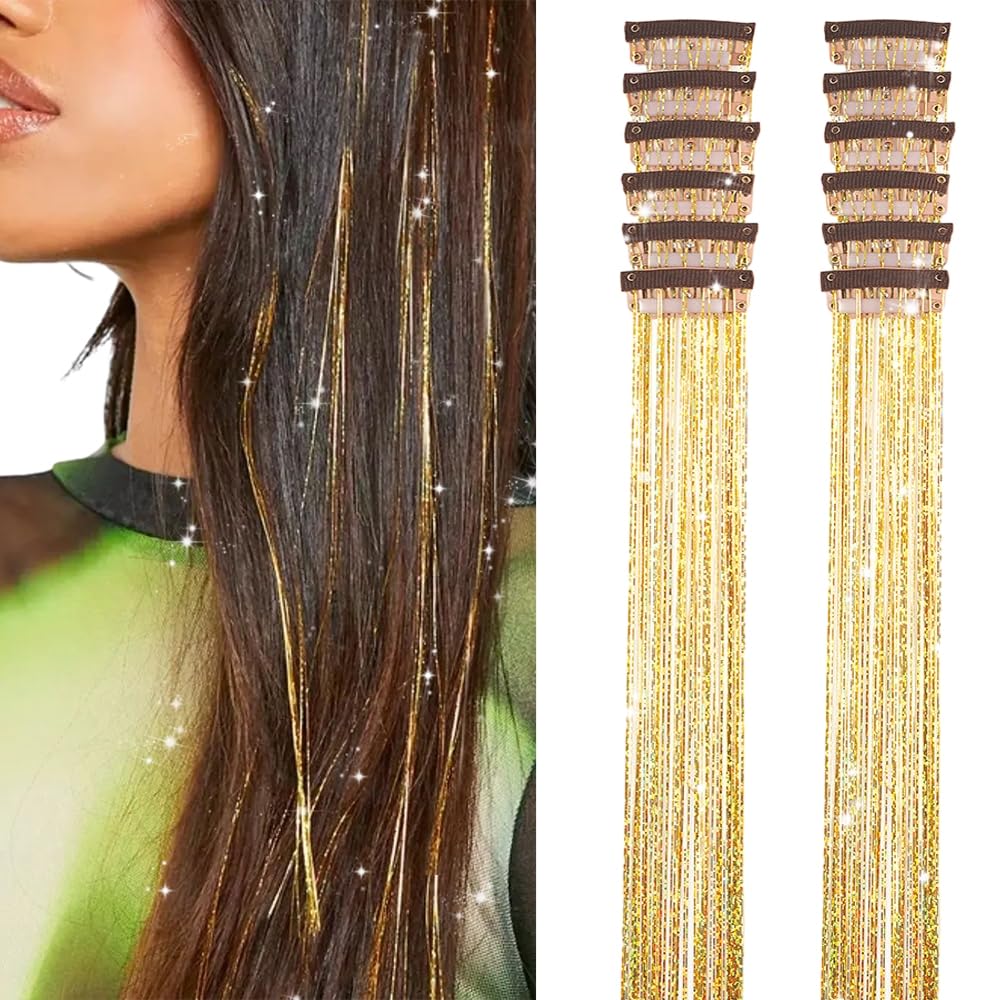 Clip In Hair Tinsel Extensions - 20 Inch Glitter Strands for Festivals | 12 Pcs Black Dazzle Kit for Women & Girls