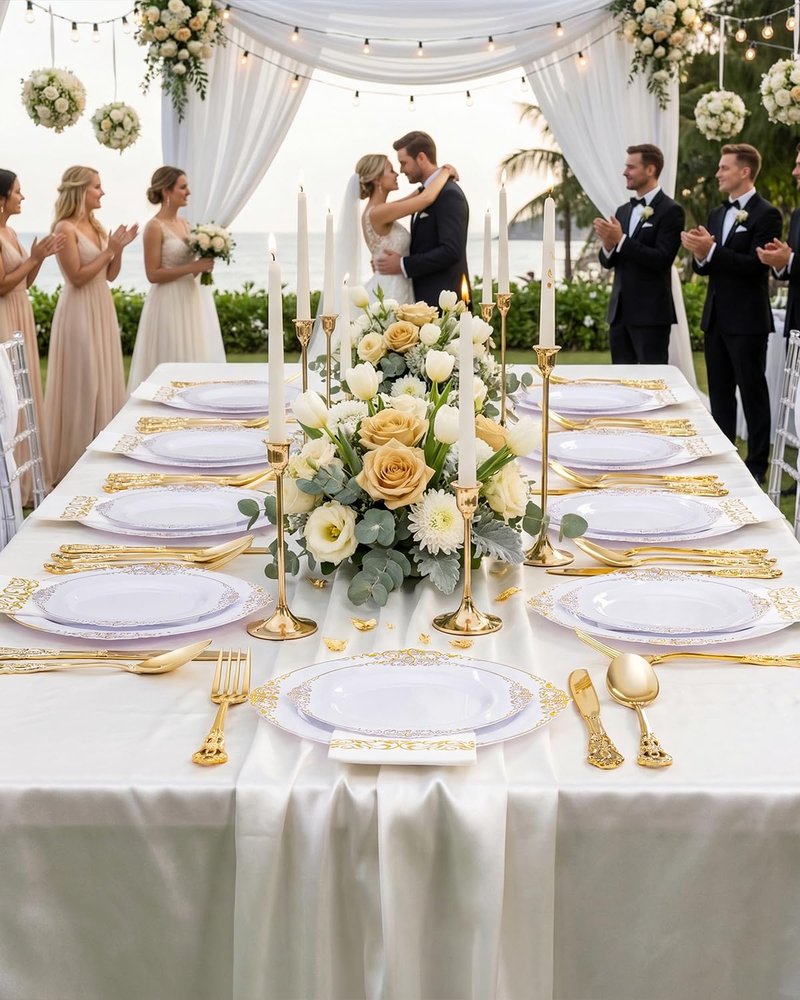 Ciaell 300PCS White and Gold Plastic Plates - Gold Disposable Dinnerware Sets for 50 Guests - 100 Plates, 50 Knives, 50 Forks, 50 Spoons, and 50 Napkins for Wedding, Anniversary, Party
