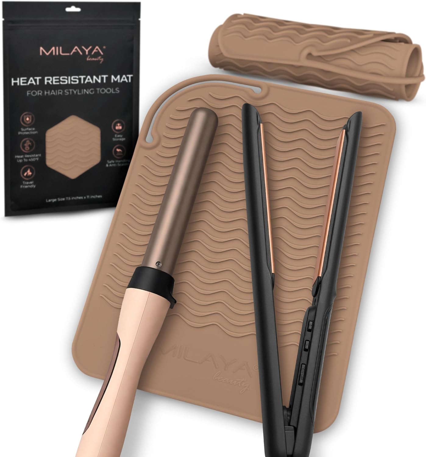 Milaya Beauty Large Heat Resistant Mat - Silicone Curling Iron & Flat Iron Holder | Non-Slip Vanity Accessory for Home & Travel