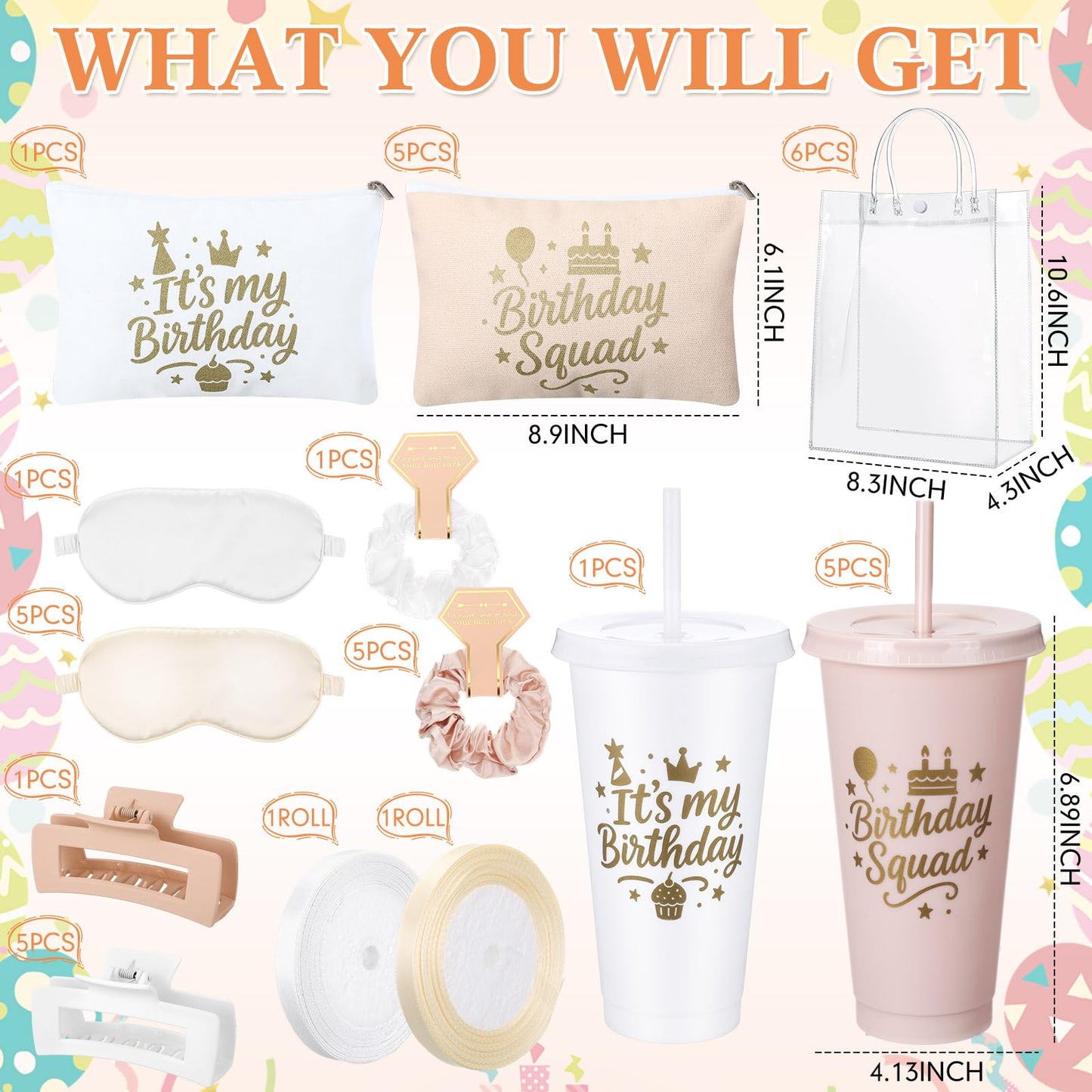 Ferrochef 6 Sets Birthday Squad Party Favors for Women Birthday Squad Cups Tumblers with Lids Straws Makeup Bags Satin Eye Masks Hair Clips Hair Scrunchies for Spa Sleepover Accessories (Beige White)