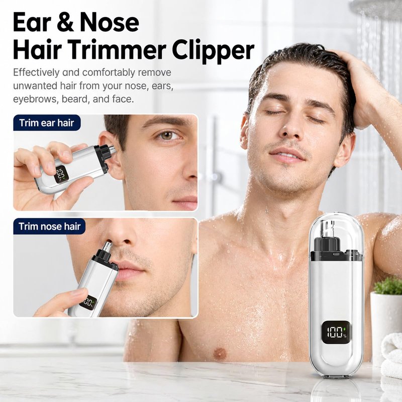 NumberGlow Nose and Ear Hair Trimmer for Men and Women Electric Nose Clipper with USB and LED Power Display, Water-Resistant Dual-Edge Blades Gentle Grooming for Travel