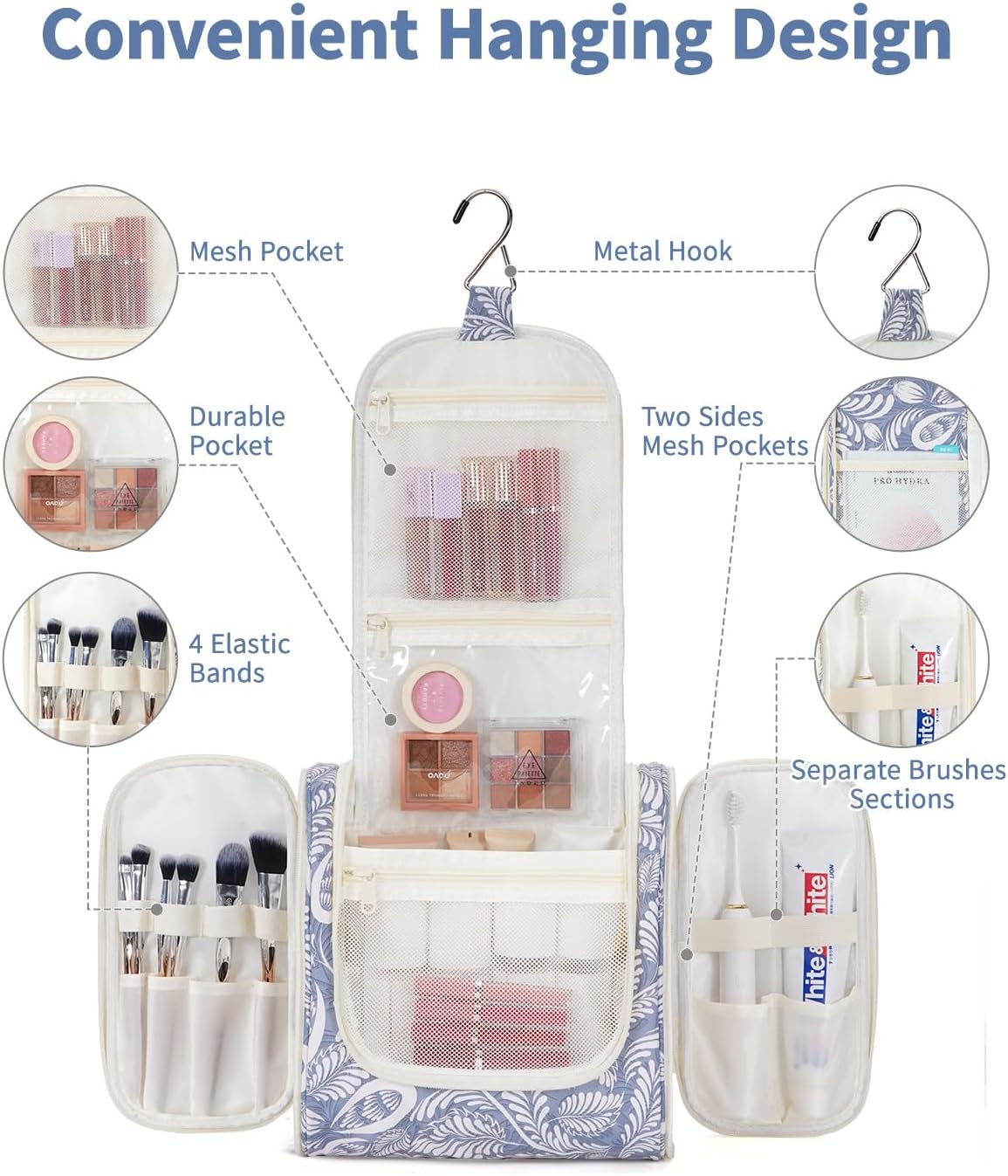 Hanging Toiletry Bag for Women | Travel Makeup Organizer - Large Blue Leaf Design