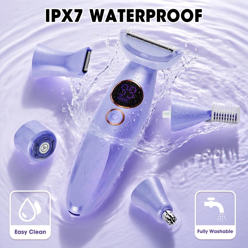 5 in 1 Bikini Trimmer for Women,IPX7 Waterproof Cordless Replaceable Pubic,Eyebrow,Facial Electric Razors&Nose Hair Trimmer&Painless Body Shaver for Arms Legs Underarms,USB Charge,LED Display,Wet&Dry