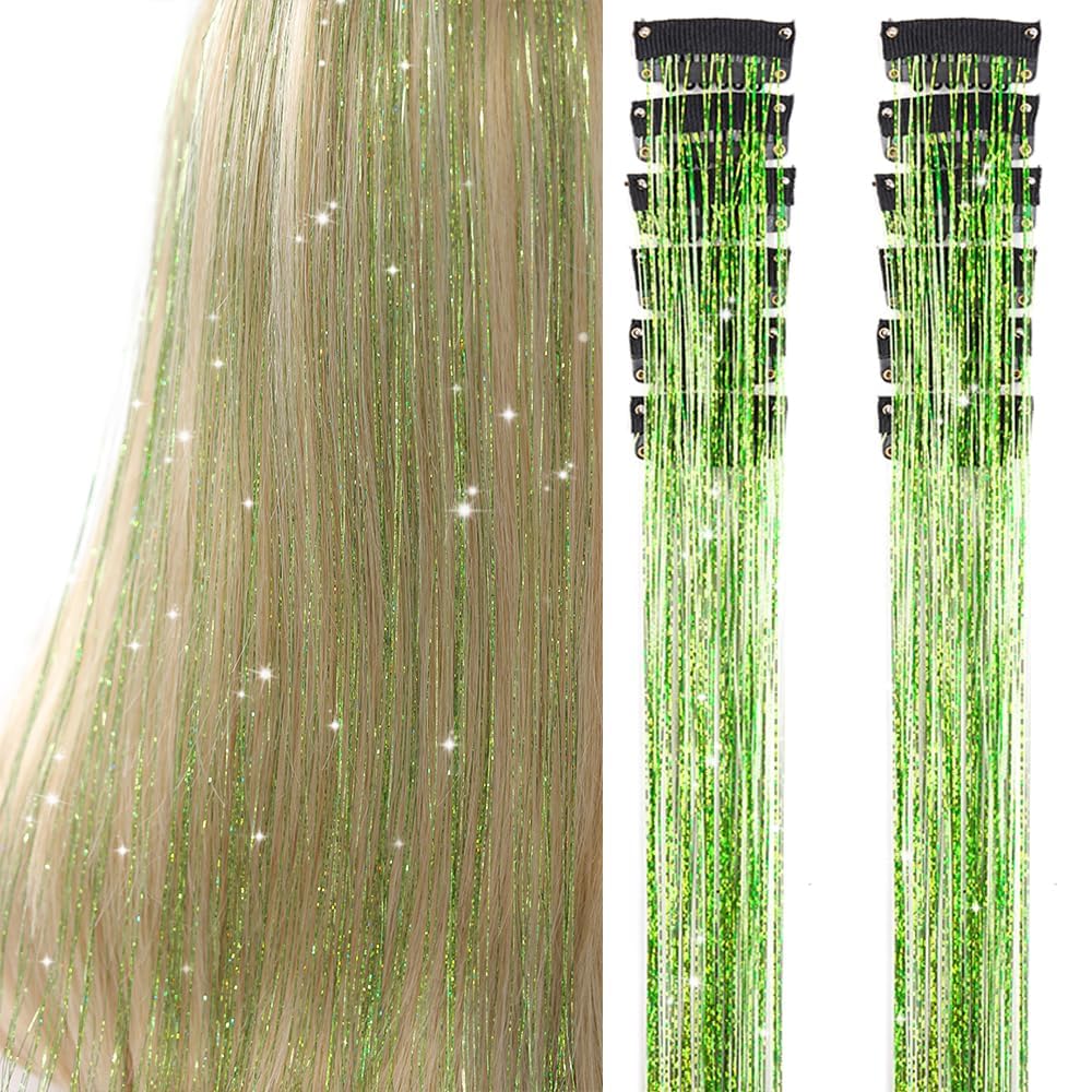 Clip In Hair Tinsel Extensions - 20 Inch Glitter Strands for Festivals | 12 Pcs Black Dazzle Kit for Women & Girls