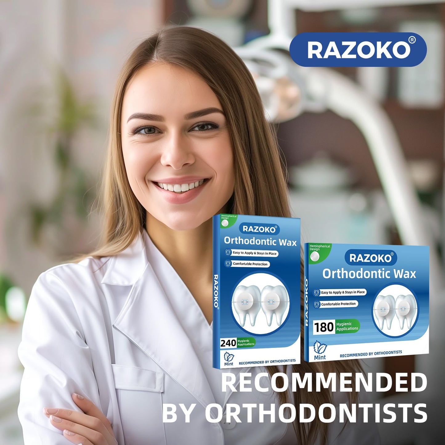 RAZOKO Orthodontic Wax for Braces - 180 Dental Wax Dots, Mint Flavor | Hygienic Individual Wraps, Strong Adhesion for Brackets & Wires
