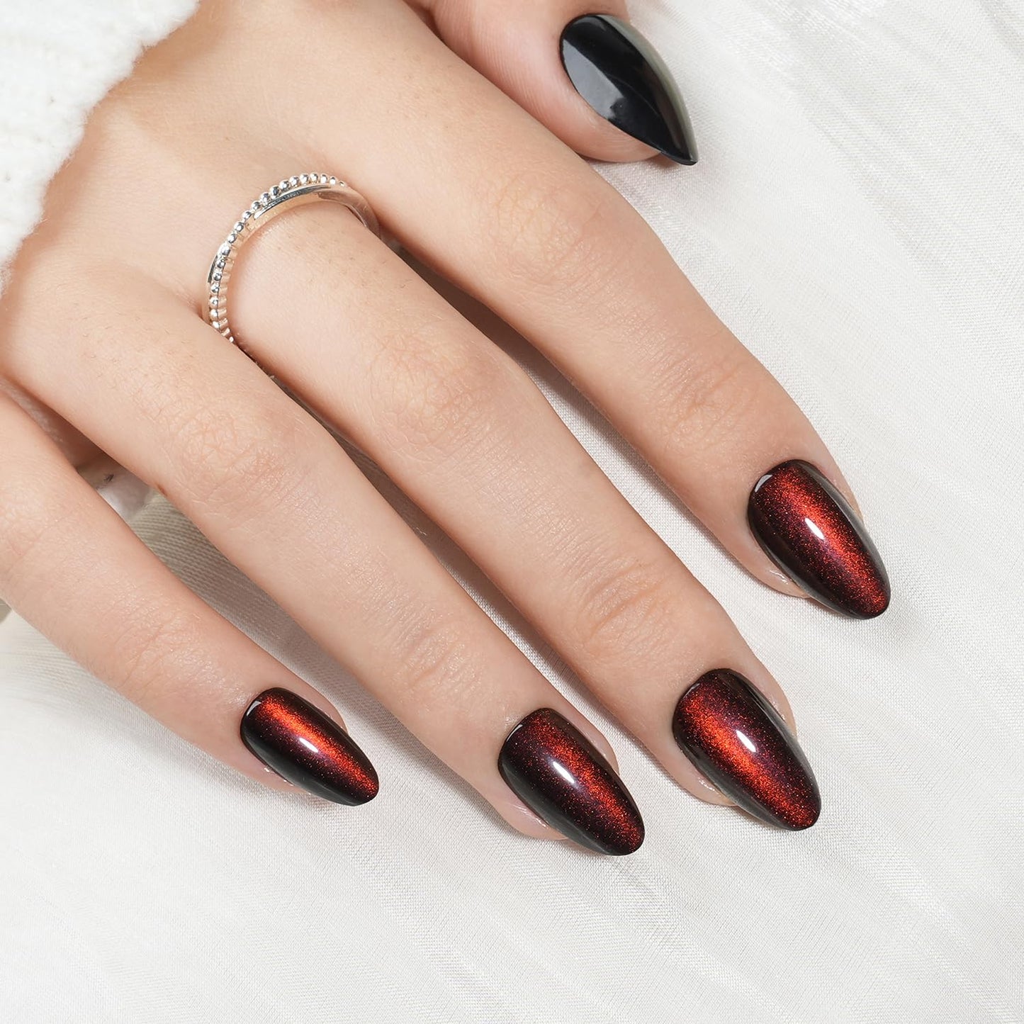 Glossy Red Press On Nails - Almond Shape Fake Nails with Glue | 32 PCS, 16 Sizes for Women