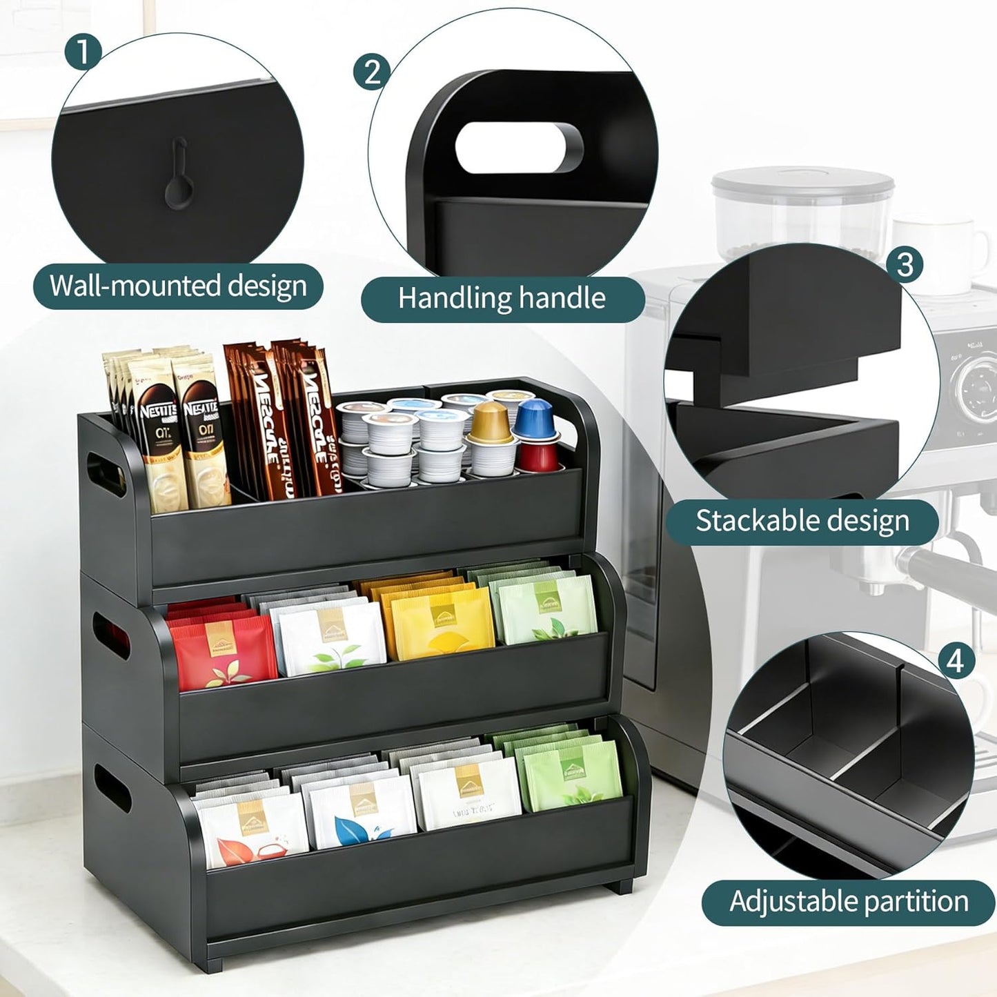 Bamboo Tea Organizer - 3 Layer Stackable Tea Bag Storage Rack | Large Capacity for Kitchen & Office (Black)