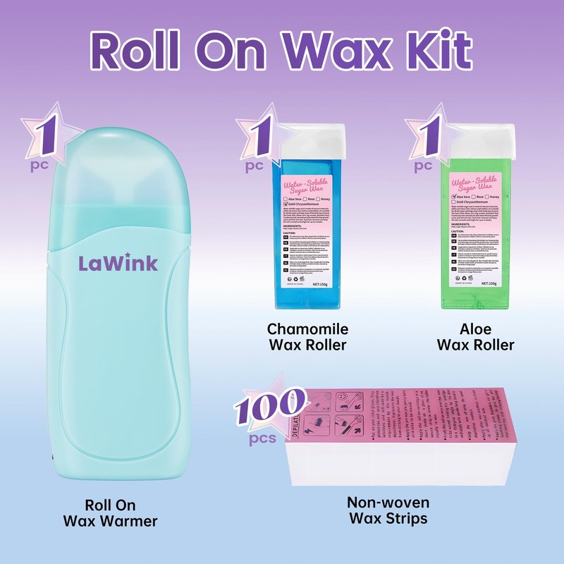 LaWink Roll On Wax kit,Waxing Kit for Sensitive Skin,Wax Roller Kit for Hair Removal with 2 Soft Wax Cartridge& 100 Pcs Wax Strips for Larger Areas of the Body Hair Removal at Home washable