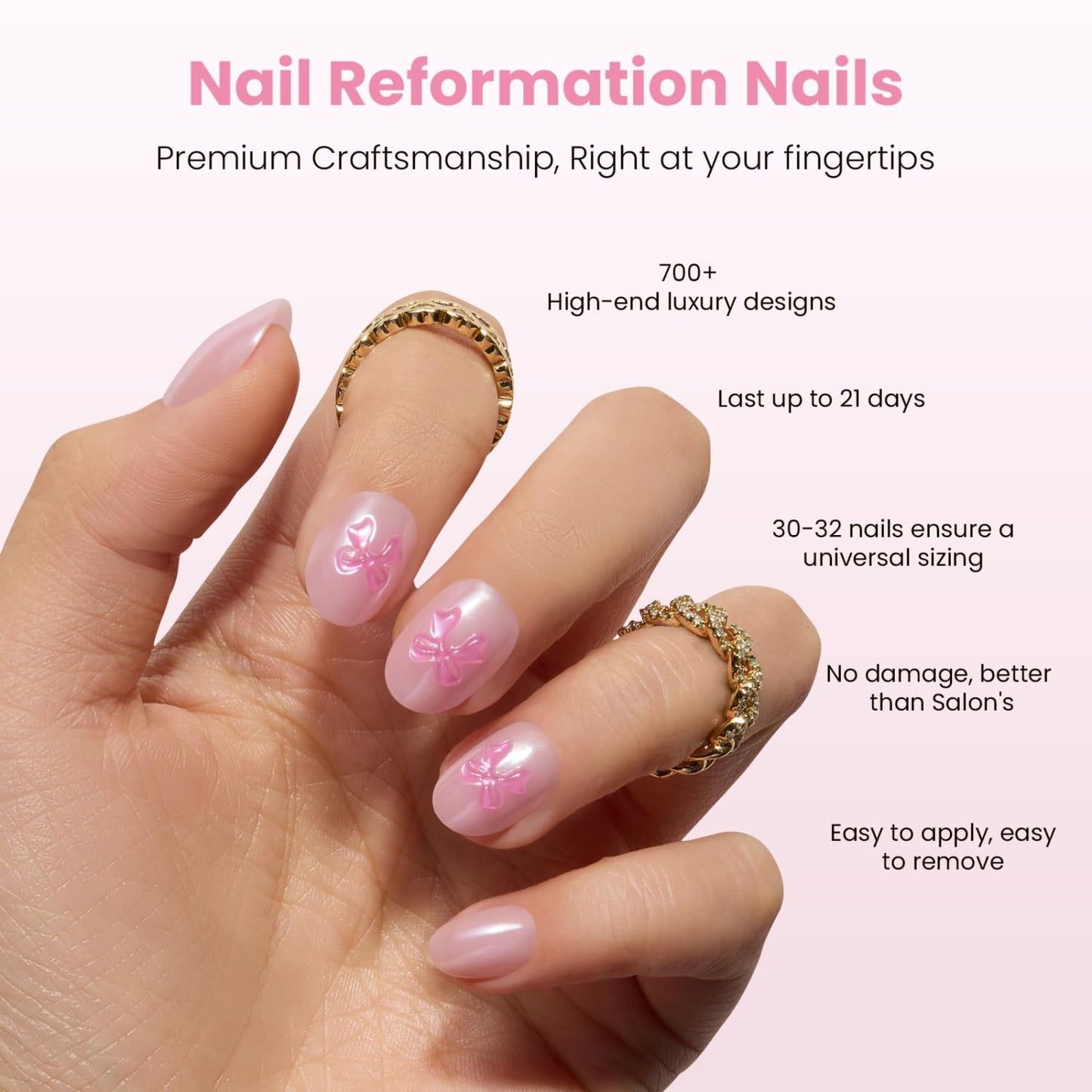 Nail Reformation Press On Nails, Sheer Silk | Pink Extra Short Round Fake Nails with Glaze Finish & 3D Bow Accents, Cute Reusable Stick On Nails Kit - 32 Pcs in 16 Sizes, Manicure Gifts for Women