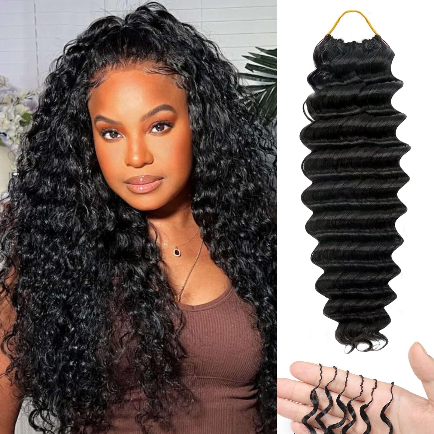 Human Crochet Hair for Black Women - 18" Deep Wave Extensions | Invisible Knots, Pre-Separated Bundles in Natural Color