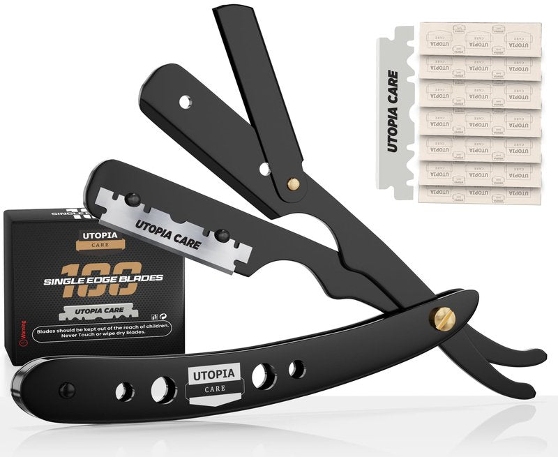 Utopia Care Professional Barber Straight Edge Razor Safety with 100-Pack Utopia Care Blades - 100 Percent Stainless Steel