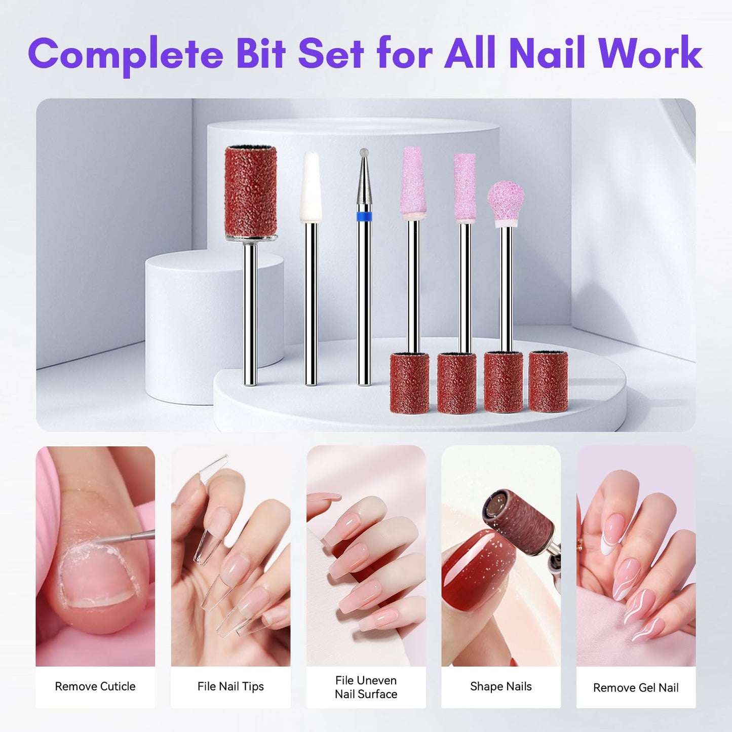 Makartt Professional Nail Drill - 35000RPM Electric Nail File with 60W Coreless Motor, 2 in 1 Desktop & Portable Rechargeable E File with Drill Bits and LCD Display, Nouvella Purple