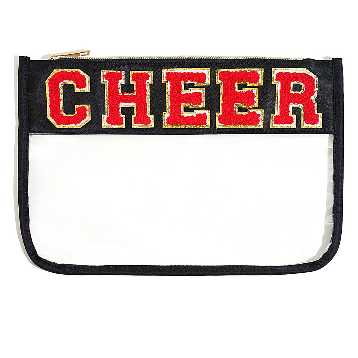 Jeffan 1 Pieces Black Cheer Gifts Chenille Letter Cheer Bags Patch Makeup Bag Flat Clear Pouch Cheerleading Gifts for Girls Cheer Teams