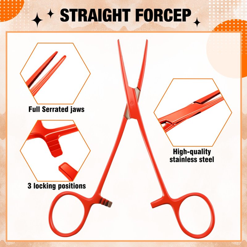 BBTO Hemostat Curved and Straight Hemostat Forceps Piercing Pliers Forceps, Stainless Steel Straight and Curved Pliers, Fishing Tweezer (Orange,2 Pcs)