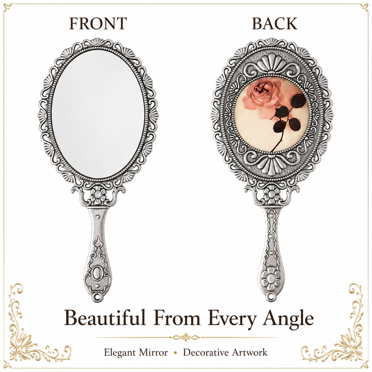 SEHAMANO Hand Mirror with Handle Compact Handheld Makeup Mirror Rose Cosmetic Clear Mirror (Matt Silver (Tin))