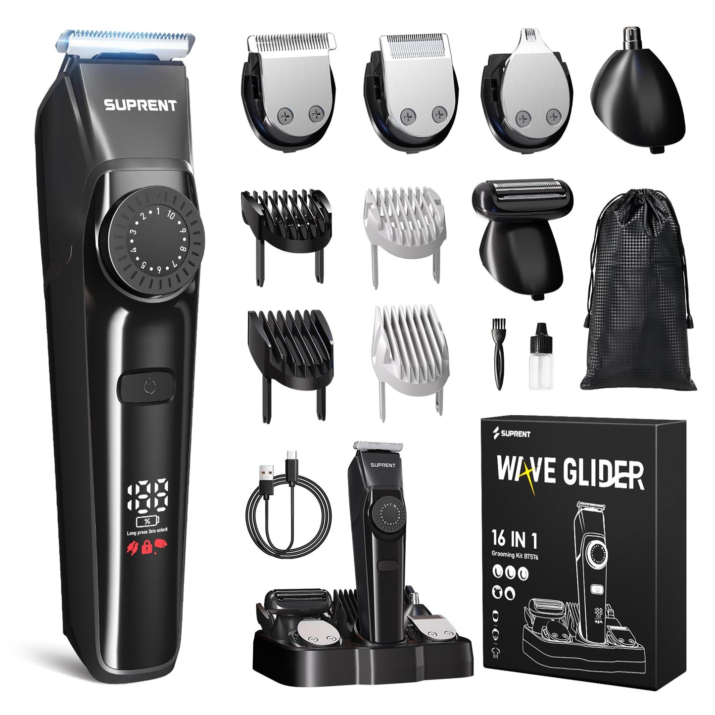 SUPRENT Beard Trimmers for Men - All-in-One Mens Grooming Kits with 40 Precision Dials，Waterproof Adjustable Trimmers for Hair, Beard, Face, Nose & Body, USB-C Rechargeable, 3.5H Running Time (Black)