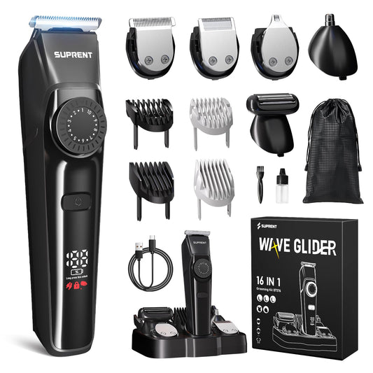 SUPRENT Beard Trimmers for Men - All-in-One Mens Grooming Kits with 40 Precision Dials，Waterproof Adjustable Trimmers for Hair, Beard, Face, Nose & Body, USB-C Rechargeable, 3.5H Running Time (Black)
