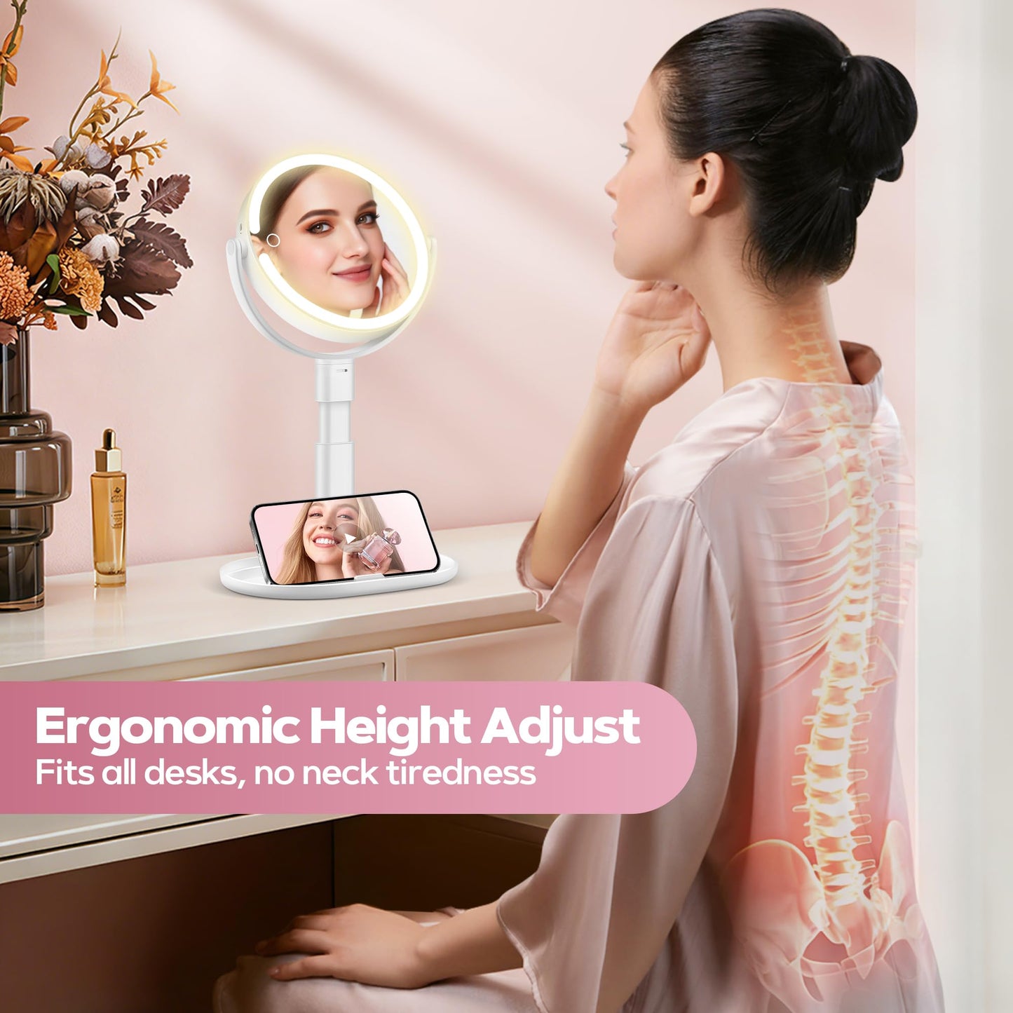 MOMOKUBA Makeup Mirror with Lights, 30X Magnifying & Height Adjustable, Lighted Magnifying Mirror with 3 Light Modes and Stepless Dimming, Vanity Mirrors for Bathroom, Birthday Gift for Women, White