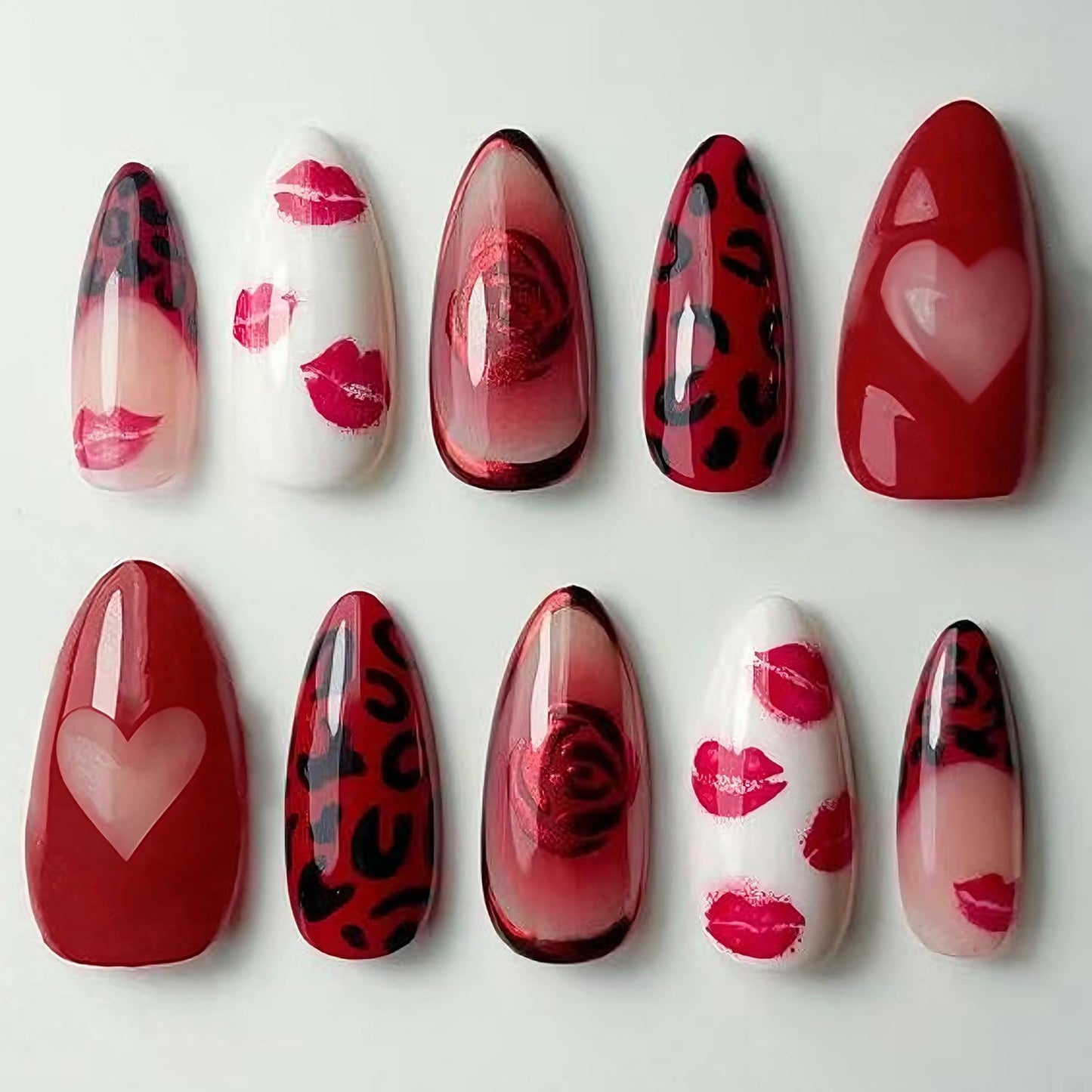 Valentine's Press-On Nails - 30 Pcs Short Almond Red French Tip with Pearl & Gold Bow | Romantic Heart Acrylic Set