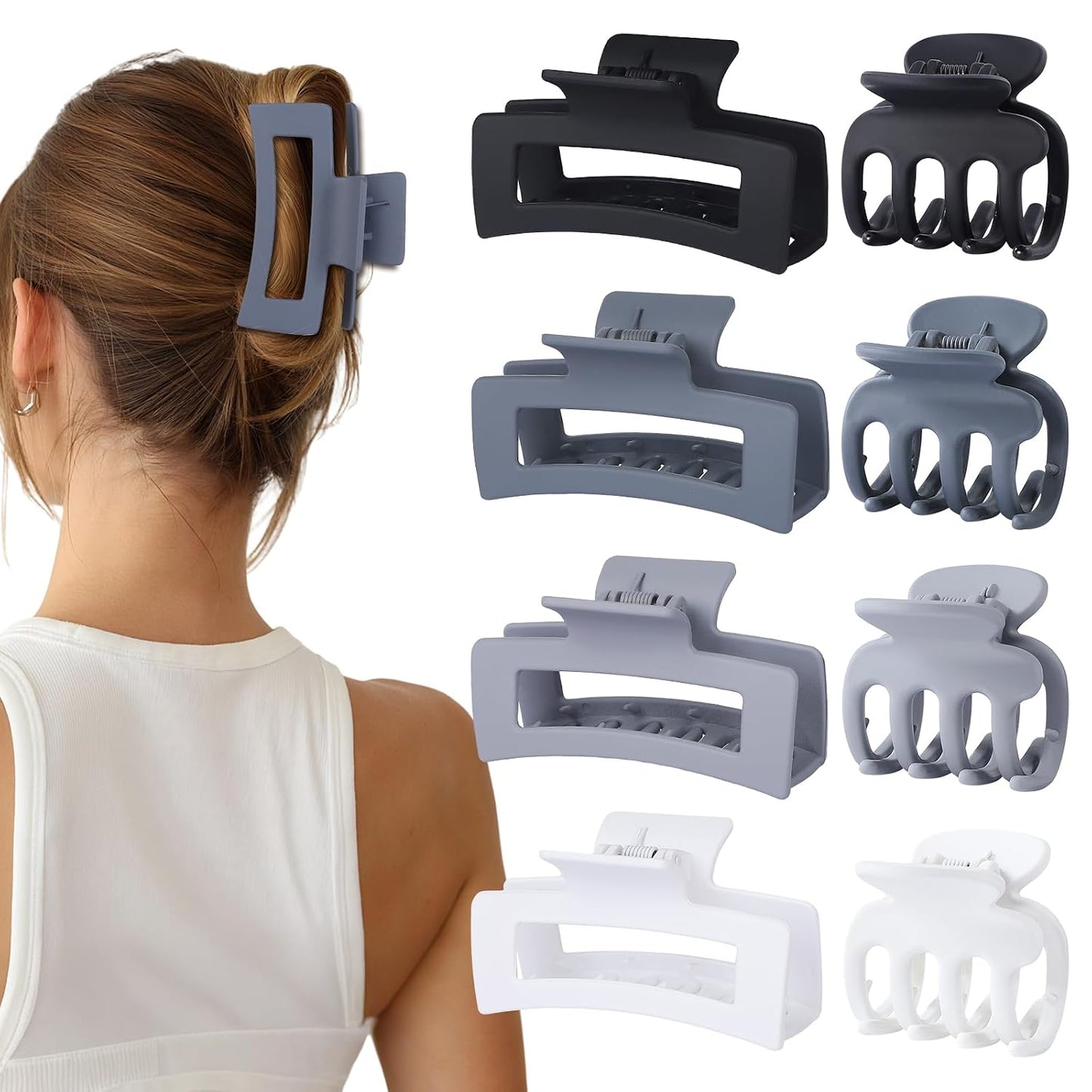 Medium Hair Clips for Women - 8 Pcs Small Claw Clips for Thin & Thick Hair | Rectangle Jaw Hair Accessories in Black