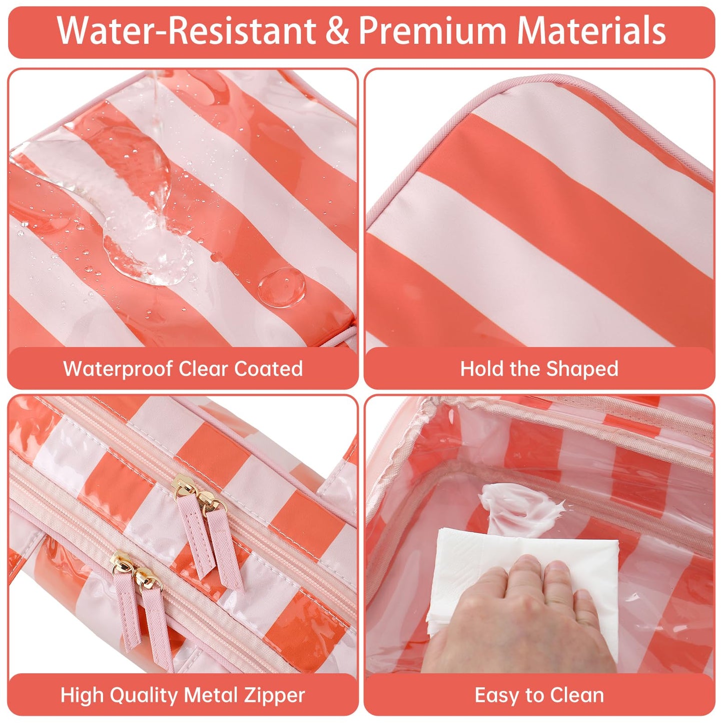 Travel Toiletry Bag for Women, Waterproof Clear Coated Portable Stripe Makeup Cosmetic Bag with Compartment, Travel Organizer for Shampoo, Conditioner, Brushes Set,Cosmetic Accessories(Pink-Orange)