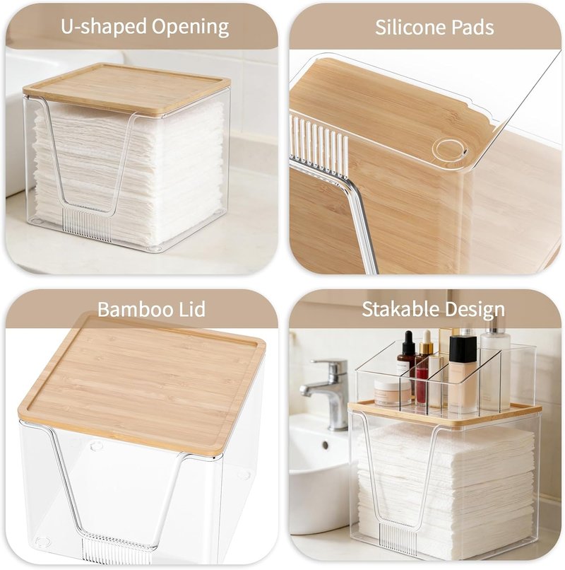 Disposable Facial Towel Holder & Cosmetic Organizer - Clear Storage with Bamboo Lid | Stackable Vanity Organizer for Bathroom Counter