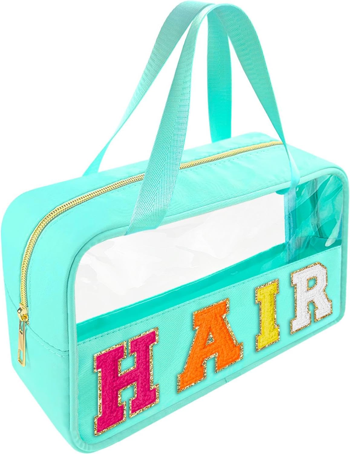 Chenille Letter Clear Makeup Bag - Waterproof Travel Toiletry Bag with Handle | Preppy Dance Patch Design (Black)
