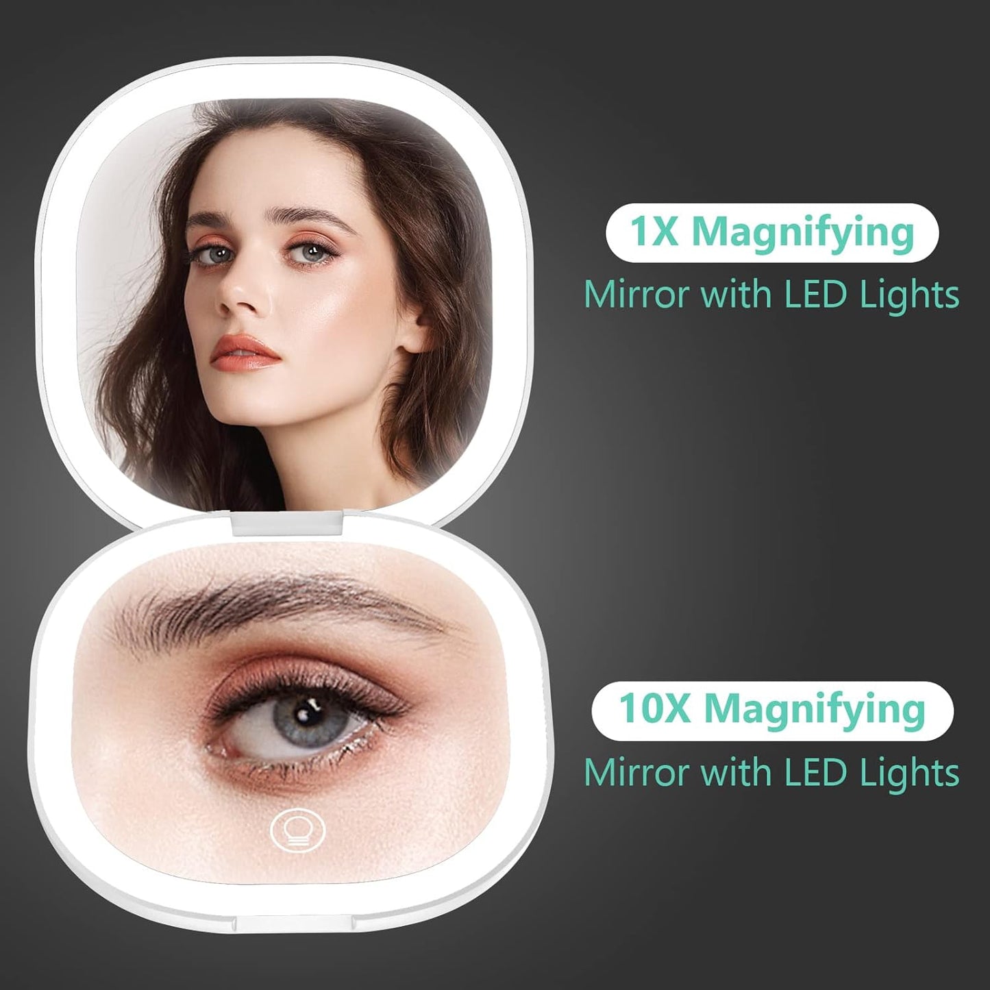Travel Mirror with Light - Rechargeable 1x/10x Compact Magnifying Mirror | Dimmable, 3.5 Inch, Portable for Handbag, White