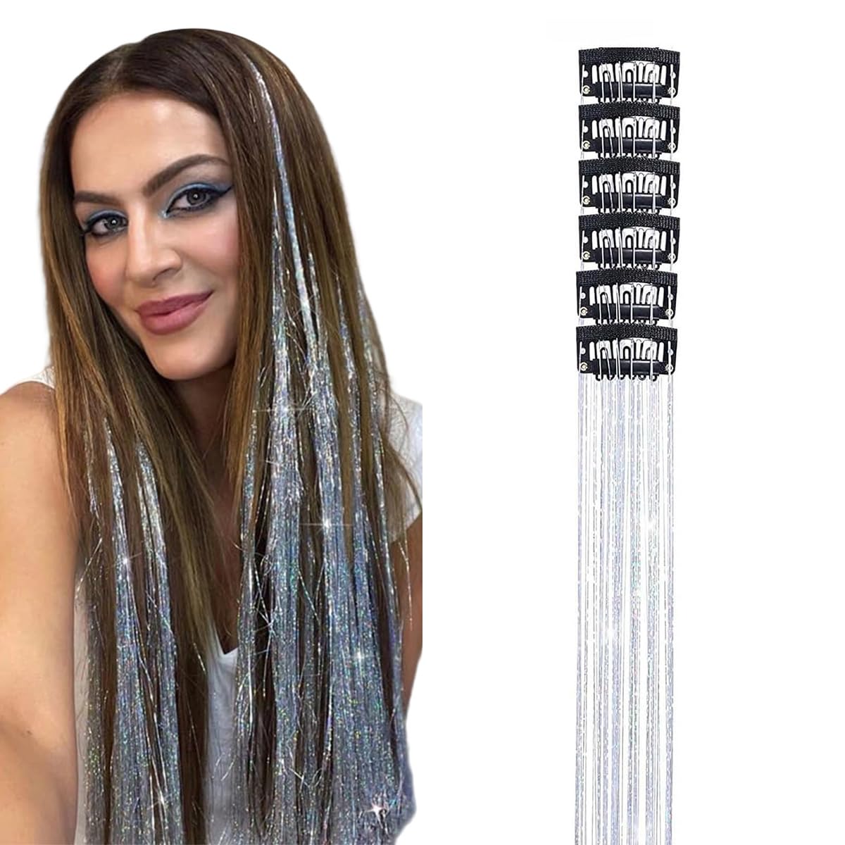 Hair Tinsel Clip in Tinsel Hair Extensions, 6Pcs 21.6In Fairy Glitter Hair Tinsel for Women Sparkle Heat Resistant Festival Hair Accessories for Halloween, Christmas, New Year, Party, Cosplay