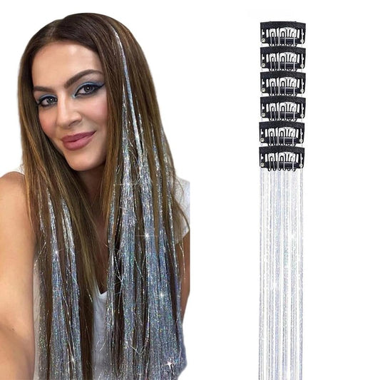 Hair Tinsel Clip in Tinsel Hair Extensions, 6Pcs 21.6In Fairy Glitter Hair Tinsel for Women Sparkle Heat Resistant Festival Hair Accessories for Halloween, Christmas, New Year, Party, Cosplay