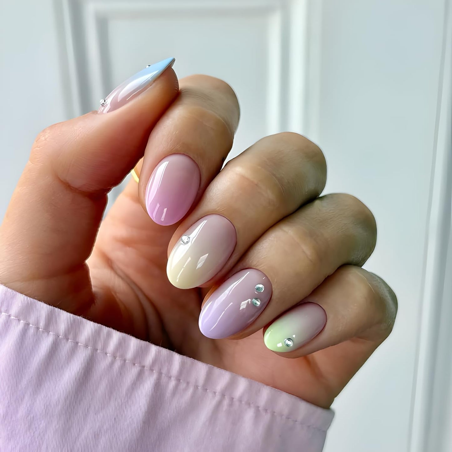 24Pcs Press on Nails Short Glossy Fake Nail Colorful False Nails Almond Stick on Nail Pink Yellow Purple Blue Glue on Nails with Rhinestones Design Gradient Nails Press Ons for Women and Girls