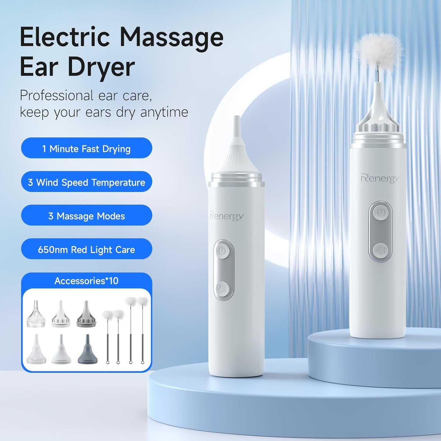 Rechargeable Ear Dryer | Electric Water Drying Aid with Red Light Therapy & 3 Airflow Modes for Swimmers & Hearing Aids