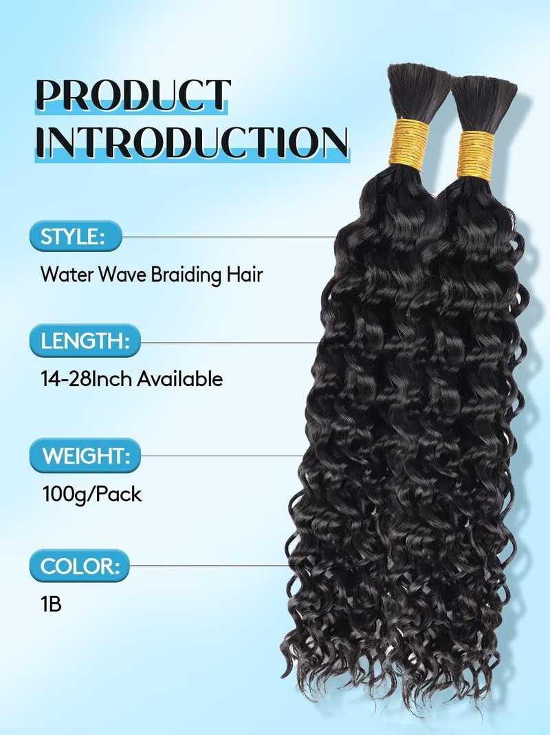 Curly Virgin Human Braiding Hair - 18 Inch Boho Water Wave Bulk for Women | 12A Natural Black, 100g (2 Bundles)